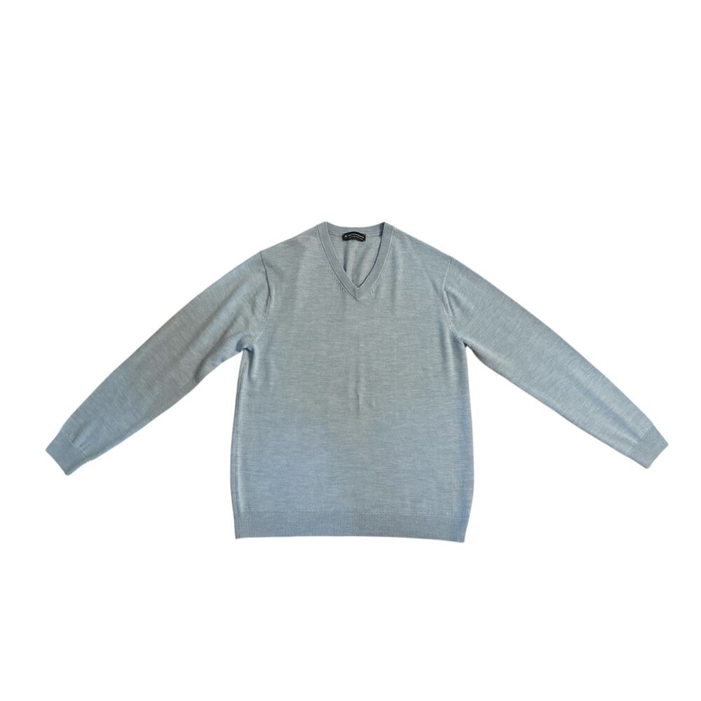 Men L Hart Schaffner Marx Extra Fine Merino Wool V-Neck Blue Sweater Pullover